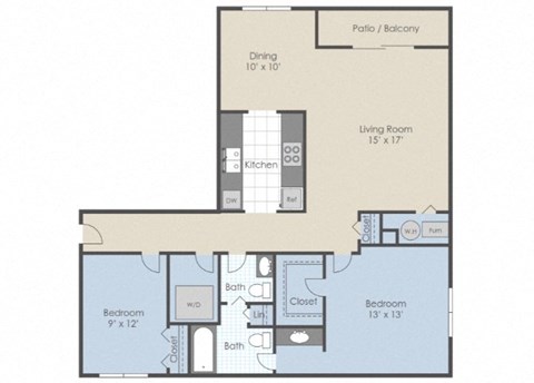Floor plan for 2 beds, 1.5 baths, 1150 sqft